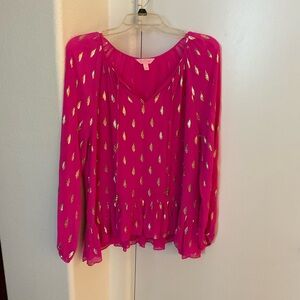 Lilly Pulitzer Hot Pink Blouse with Metallic Gold Teardrop Motif